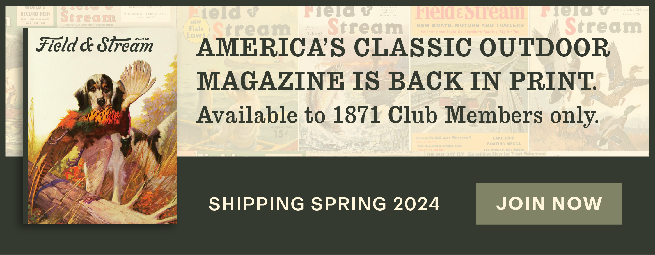 A vintage cover of field & Stream magazine with a dog on it.
